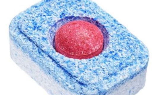 Blue and red dishwasher tablet